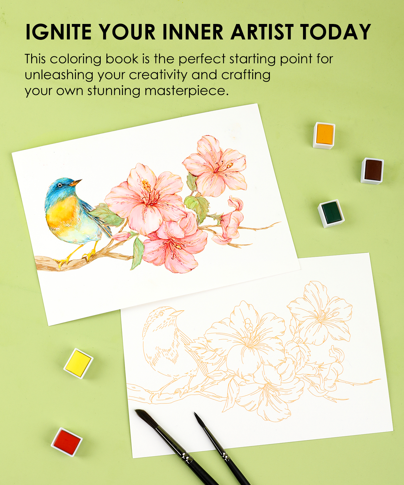 15 Sheets 140LB Floral-Themed Watercolor Coloring Book