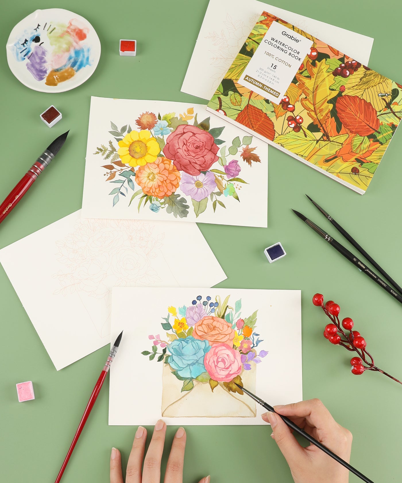 15 Sheets 140LB Autumn-Themed Watercolor Coloring Book