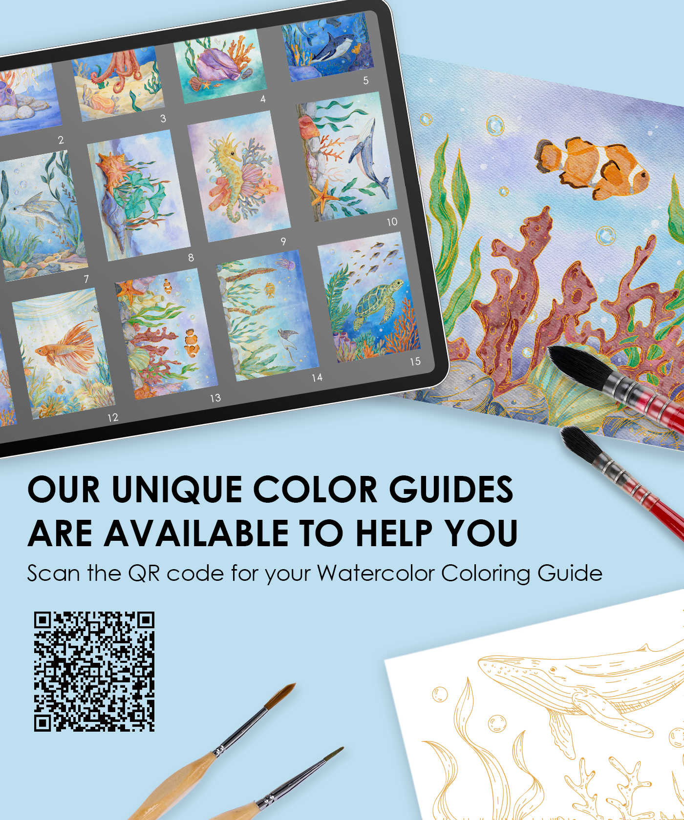 15 Sheets 140LB Ocean-Themed Watercolor Coloring Book