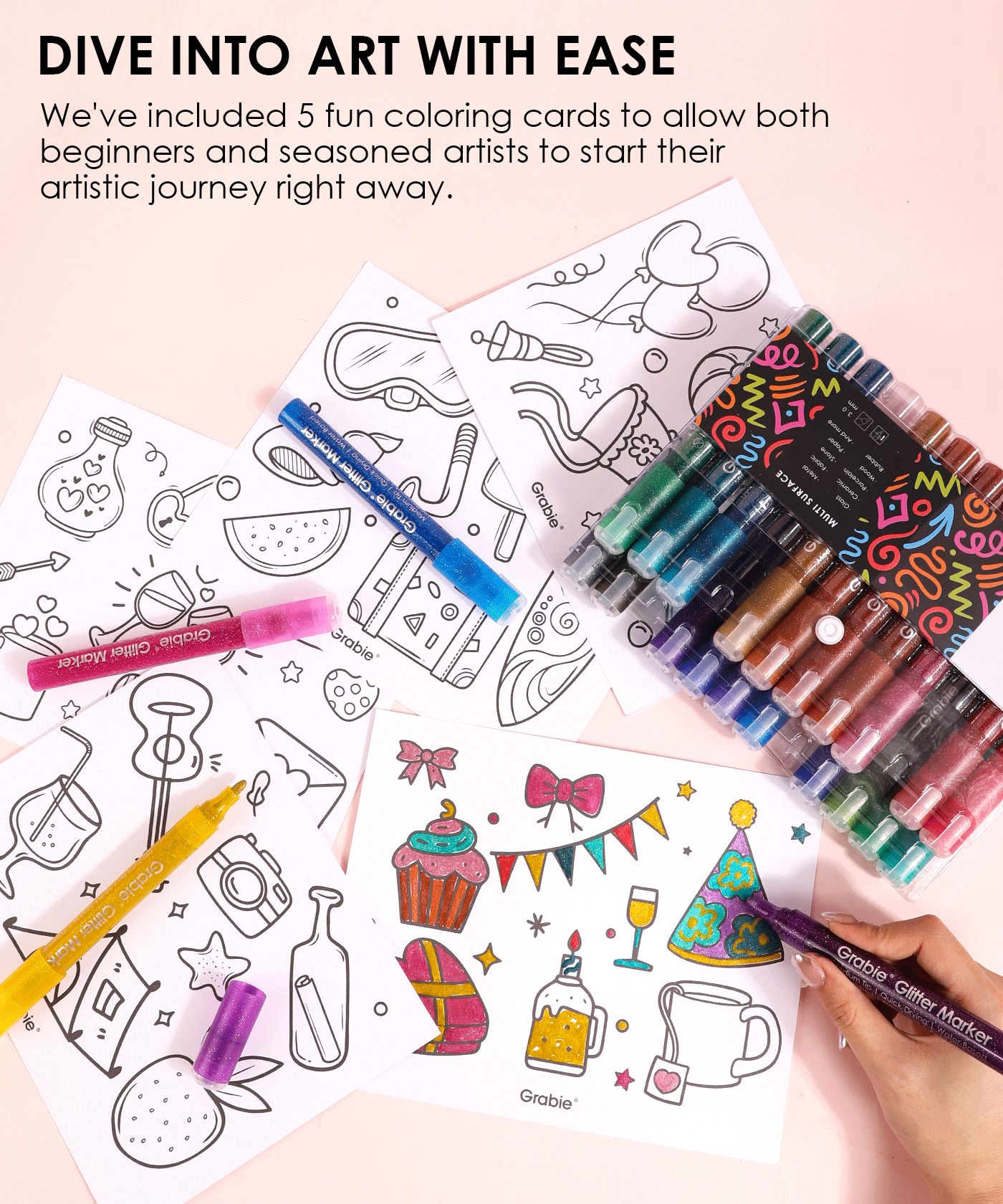 Medium Tip Iridescent Glitter Acrylic Paint Marker Set Of 24 - Grabie Acrylic Marker Set, best markers for coloring, acrylic paint markers, colored markers, paint marker, glitter markers, markers glitter, glitter paint markers, fine tip markers,