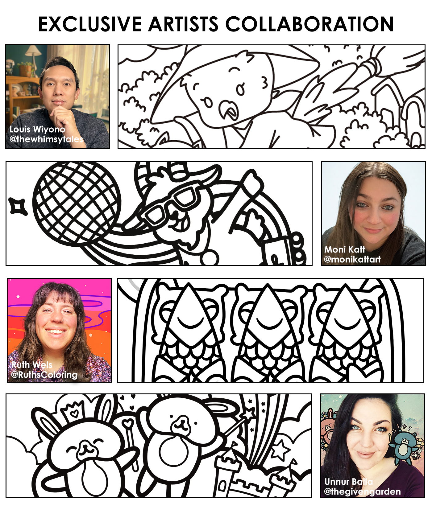 32 Sheets Whimsical Wild Friends Coloring Book: An Exclusive 4-Artist Collaboration