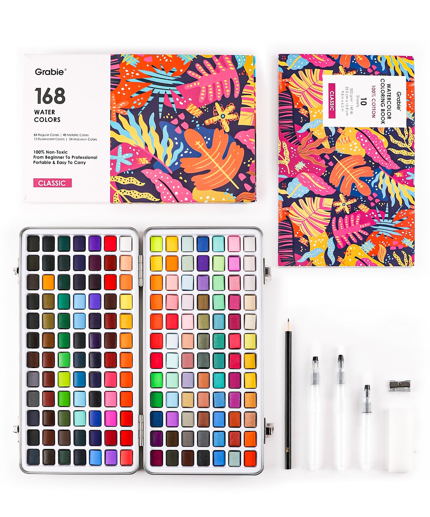 A watercolor paint set by Grabie displayed open with a variety of colors, alongside a coloring book with pre-made lineworks, a water brush, a drawing pencil, and a sharpener. The set is packaged in a box with a vibrant, colorful design.