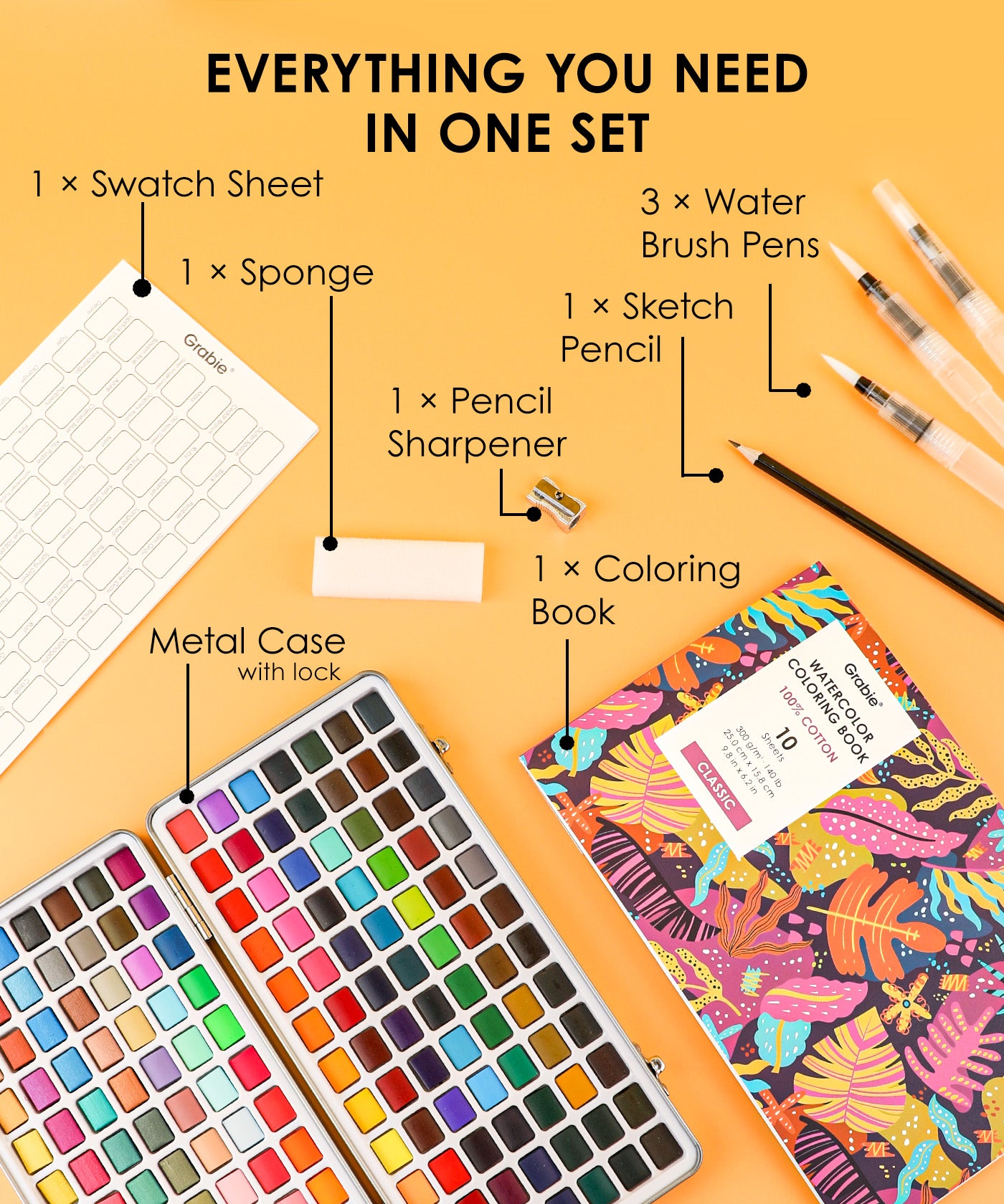 Watercolor_Set_Of_168_With_Coloring_Book, Grabie Art, Best Watercolor, Beginner Watercolor Painting, Portable Watercolor Paint Set, Travel Watercolor Set, Best Watercolor Paint Set
