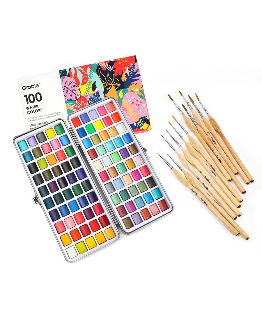 100 Colors Solid Watercolor Paint Set & 24 Pcs Professional Paint