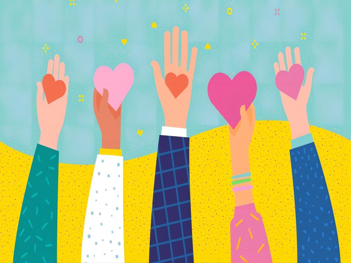 Colorful illustration of four raised hands holding hearts, symbolizing creativity and kindness