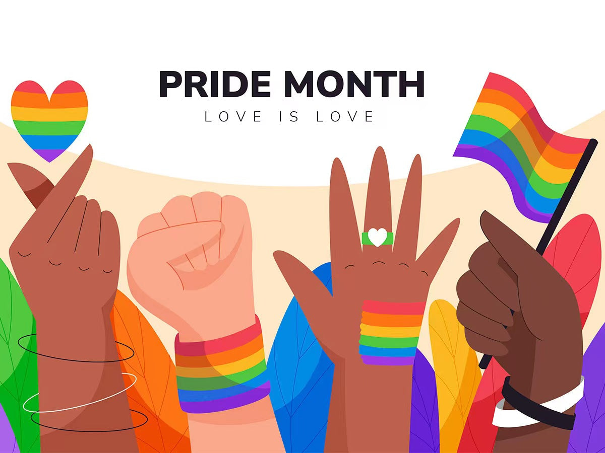 Diverse hands holding a heart, wristbands, and flag with rainbow Pride colors, Pride Month art