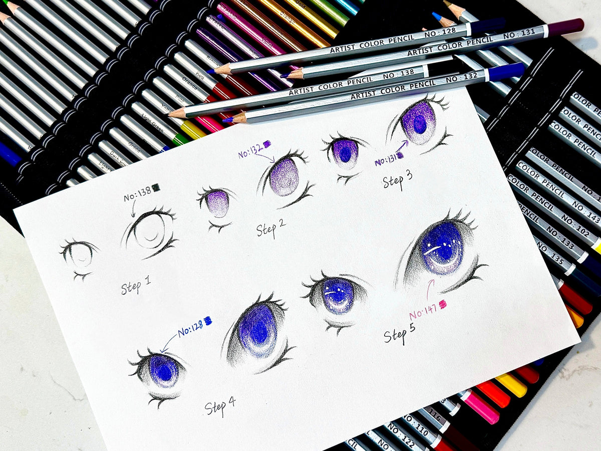 How to draw anime eyes step by step using colored pencils, with a pencil set in the background.