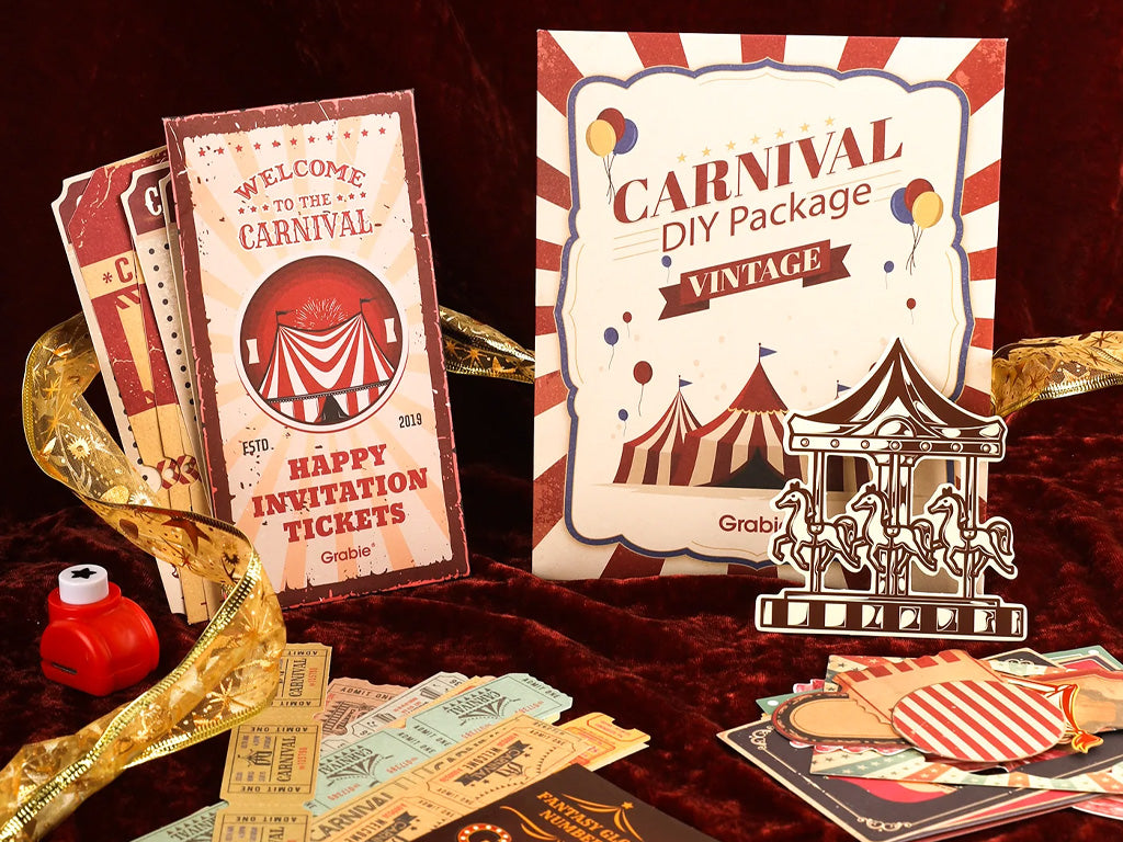 Vintage carnival DIY craft kit with invitation tickets, carousel cutouts, and retro decorations.