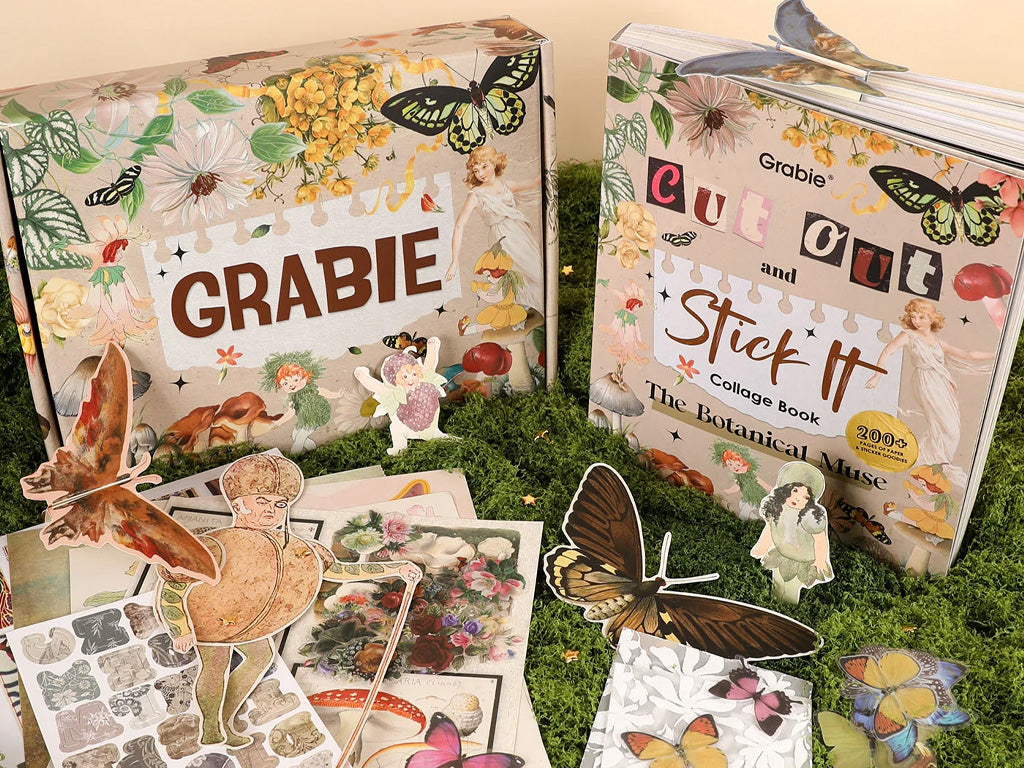 Botanical collage kit with stickers, cutouts, and art supplies featuring flowers and butterflies