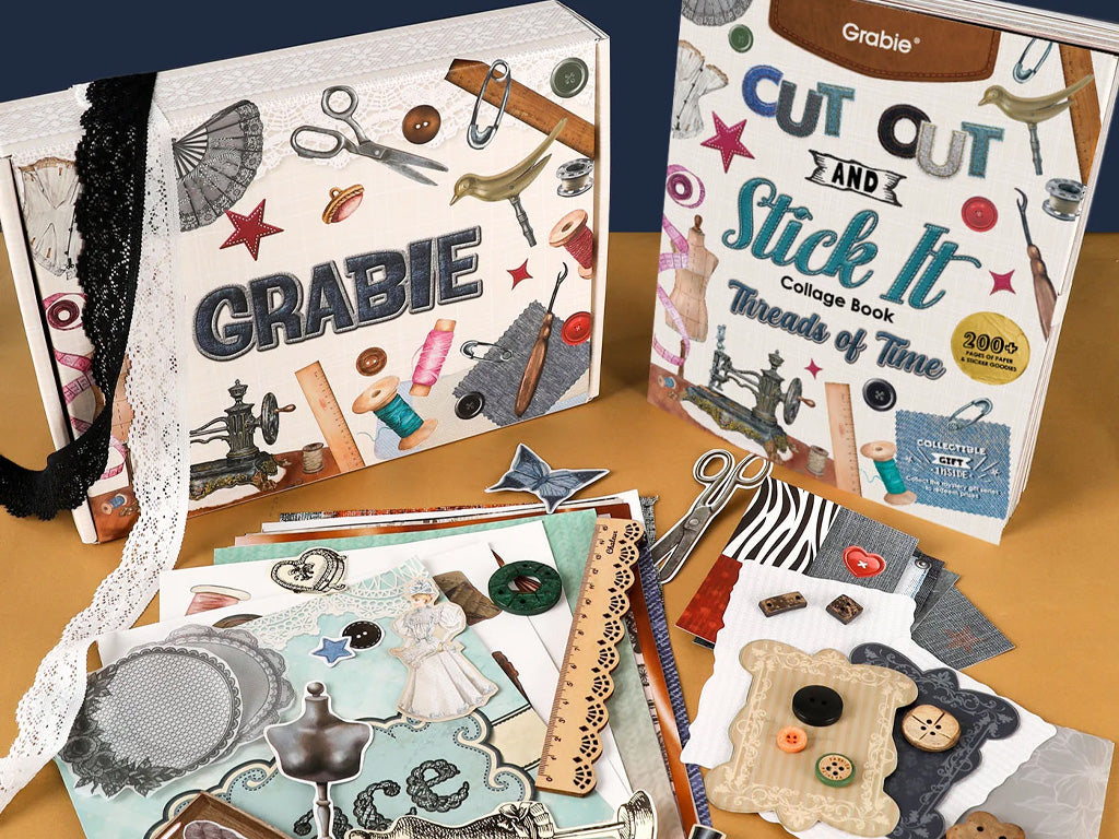 Collage book set with vintage sewing-themed stickers, papers, lace, scissors, and buttons.