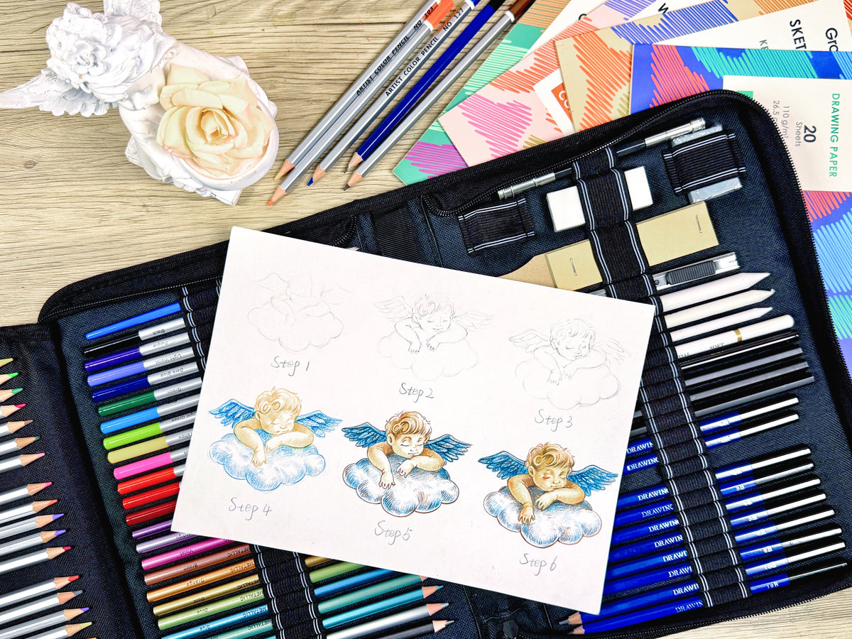 Colored pencils, sketching tools, angel drawing tutorial, sketchbooks, art supplies on desk