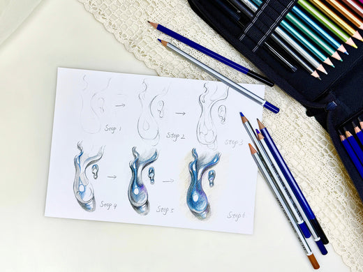 Colored pencil drawing tutorial sheet showing step-by-step creative art process with pencils.