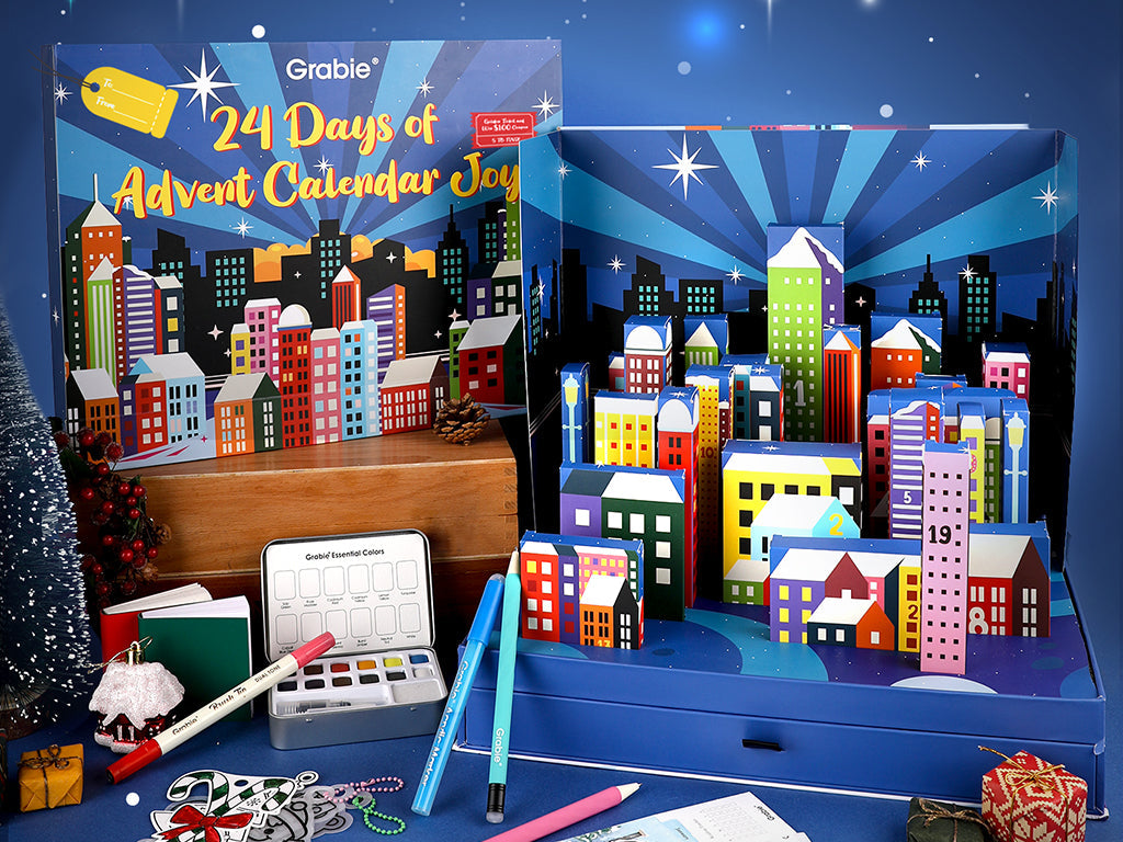 Colorful city-themed advent calendar set with watercolor paint set, pens, crafts and art supplies.