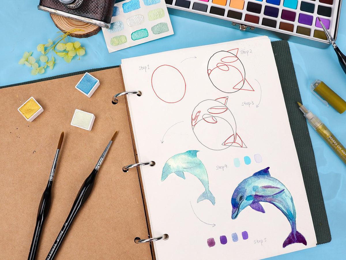 How to Draw a Watercolor Dolphin - Grabie