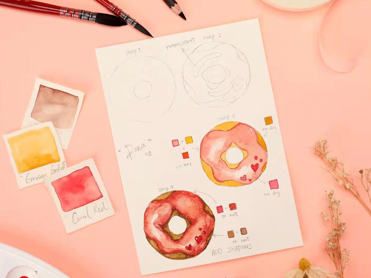 How to Draw a Watercolor Donut - Grabie