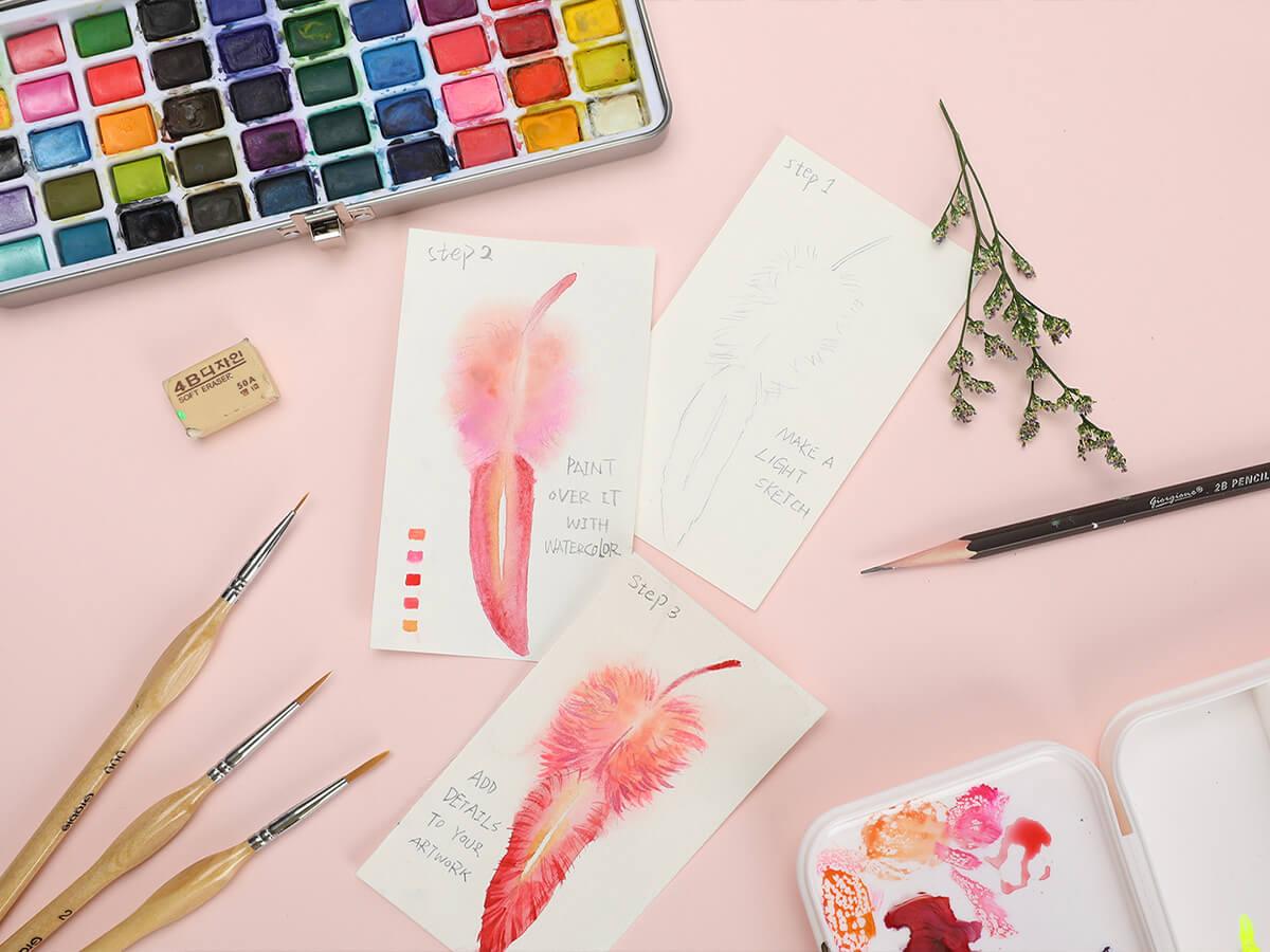 How to Paint A Piece of Watercolor Feather - Grabie