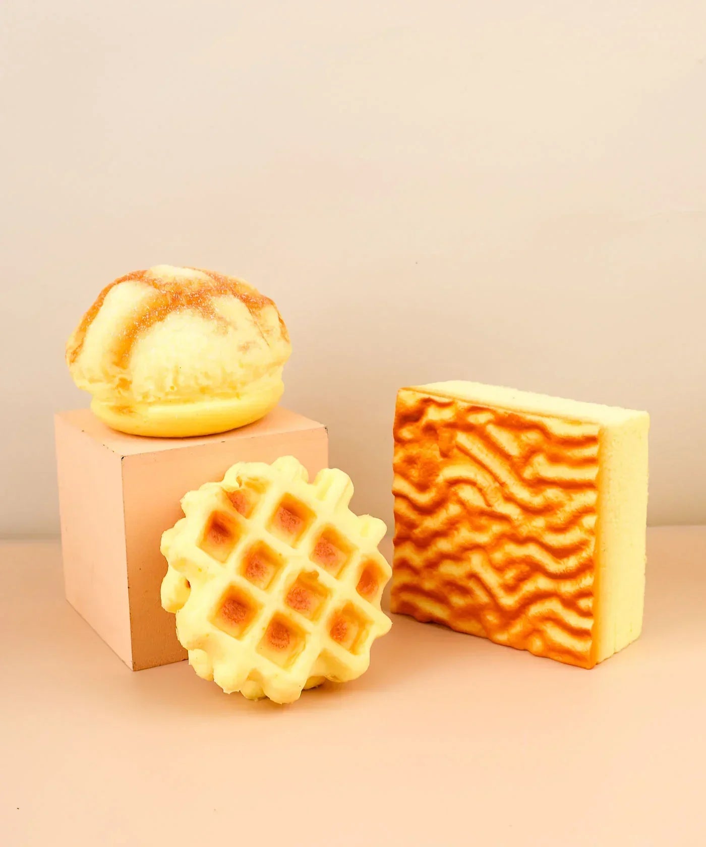 Three foam squishy shapes with a tiger skin pattern including cake and waffle textures, Feel-Good Stress Relief Foam Squishy - Tiger Skin Cake