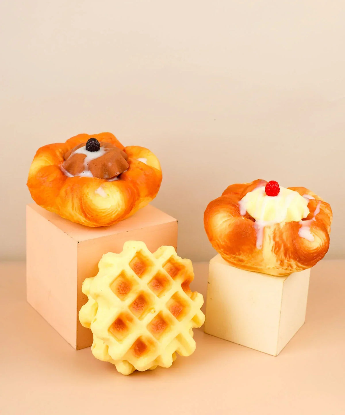 Feel-Good Stress Relief Foam Squishy - Chocolate Flower Bread with waffle and cream toppings on pastel blocks