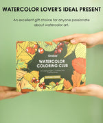 Hands holding Autumn-Themed Watercolor Coloring Club Box featuring fall leaves and berries art supplies packaging