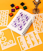 Halloween-Themed Grabie Scrapbook Club Box with stencils, ink pads, and Halloween witch and pumpkin art supplies on orange background