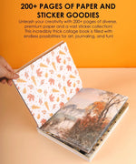 Hand flipping through 200+ Pages Autumn Palette Collage Activity Book For Faire with autumn-themed stickers and art pages