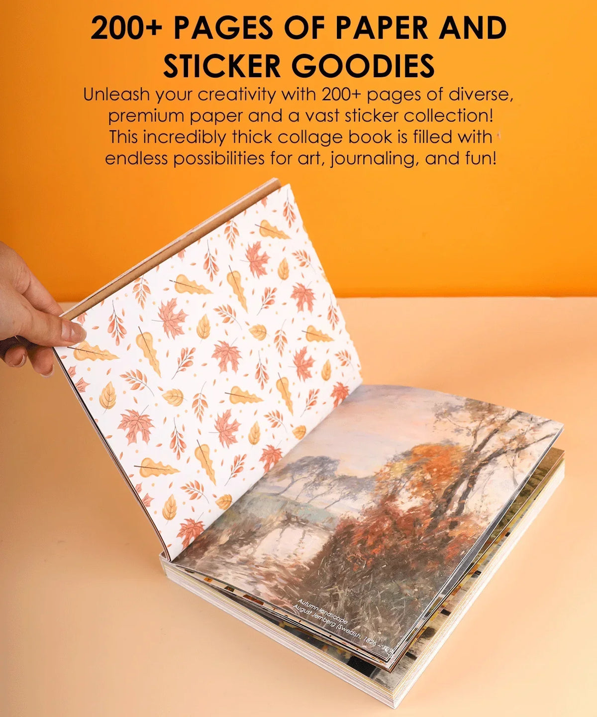 Hand flipping through 200+ Pages Autumn Palette Collage Activity Book For Faire with autumn-themed stickers and art pages