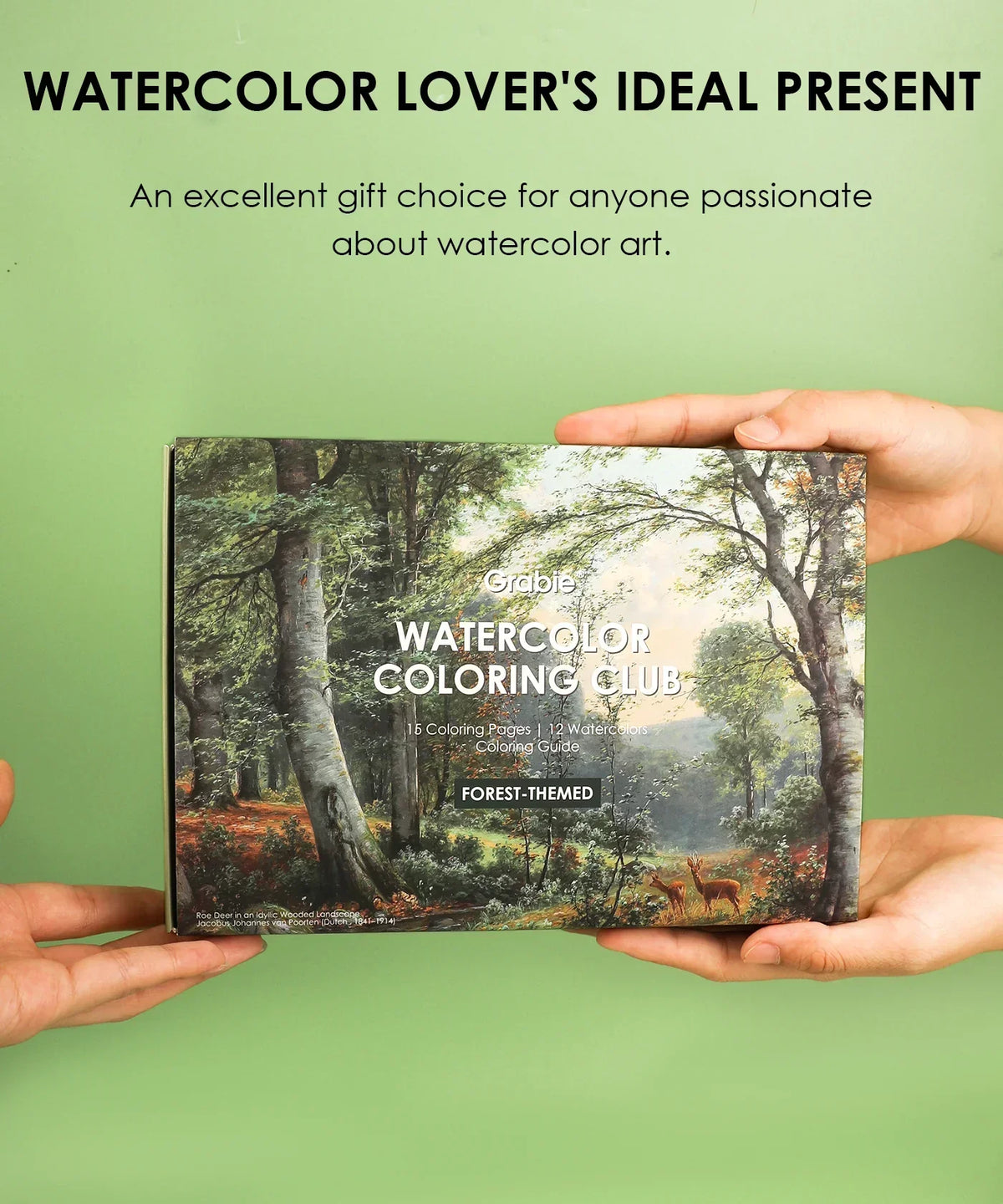 Hands holding Forest-Themed Watercolor Coloring Club Box with forest scenery and deer on cover against green background