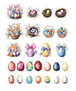 52 Pcs Grabie Exclusive Hoppy Easter Sticker Set with colorful Easter eggs, nests, baskets, flowers, and bows for scrapbook arts.
