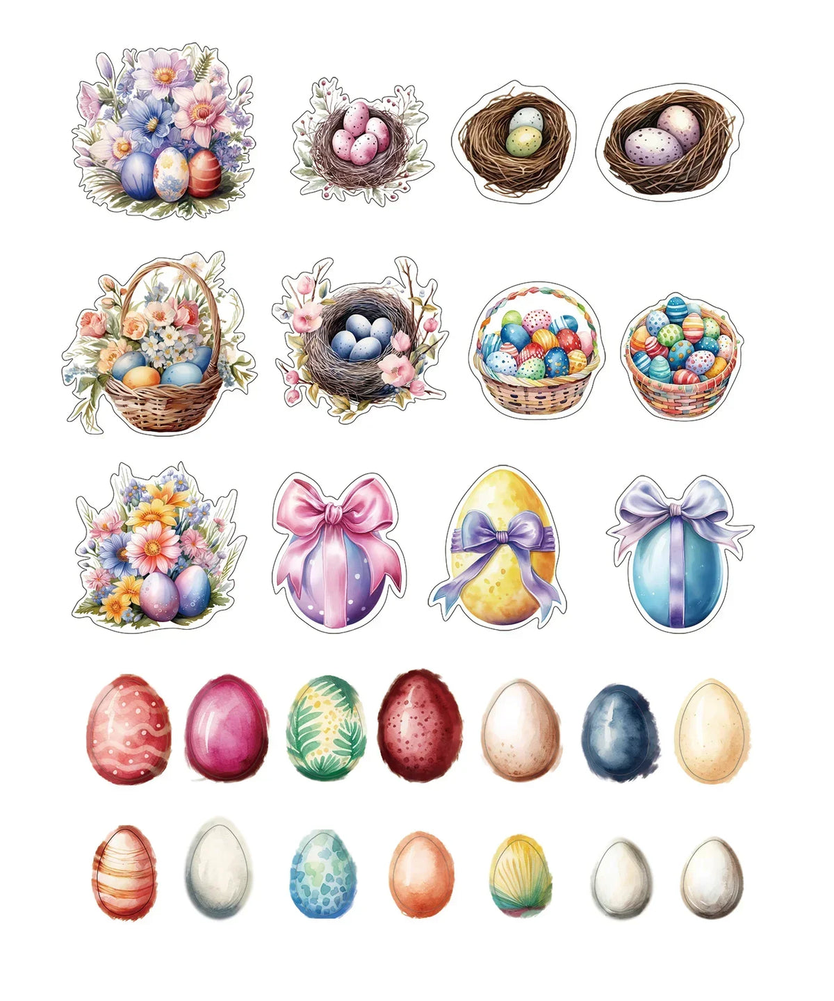 52 Pcs Grabie Exclusive Hoppy Easter Sticker Set with colorful Easter eggs, nests, baskets, flowers, and bows for scrapbook arts.