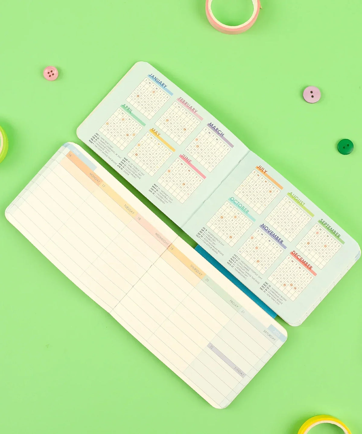 Open 2-IN-1 2025 Monthly & Weekly Planner showing colorful monthly calendars and weekly schedule on green background