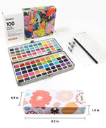 Watercolor Travel Set of 100 With Brush showing vibrant paint colors, brushes, pencil, and color chart on white background