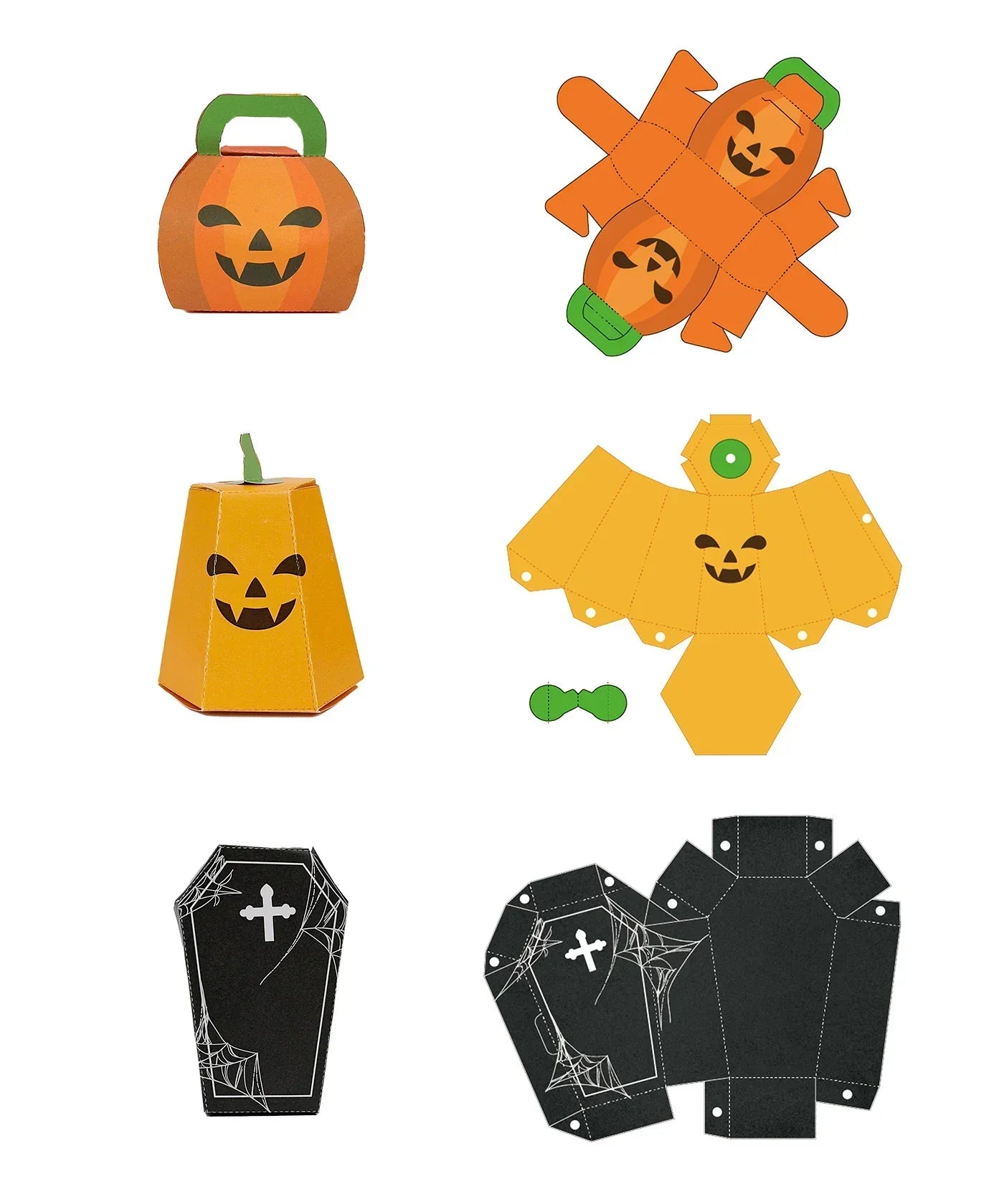 3 Sheets Grabie Exclusive Halloween DIY Kit featuring pumpkin, ghost, and coffin paper craft templates and assembled models