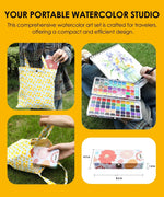 Compact and portable Watercolor Travel Set of 100 With Brush being used outdoors for painting and easy transport in a patterned bag