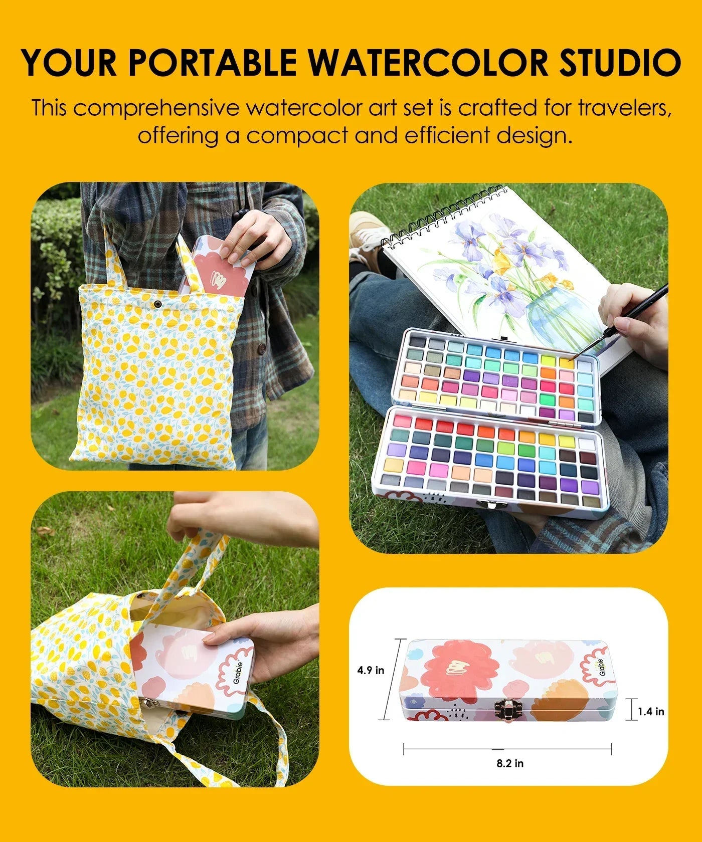 Compact and portable Watercolor Travel Set of 100 With Brush being used outdoors for painting and easy transport in a patterned bag