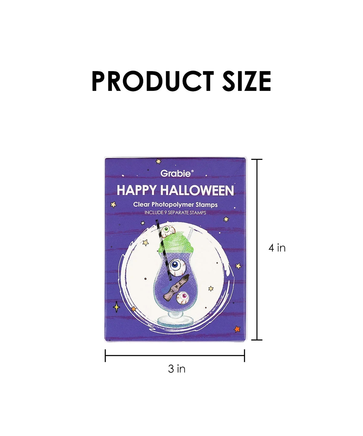 Happy Halloween Clear Photopolymer Stamps packaging measuring 3 by 4 inches for scrapbook and art supplies use