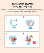 Step-by-step festive drink art using Holiday Cheers Clear Photopolymer Stamps with vibrant colors for scrapbook projects