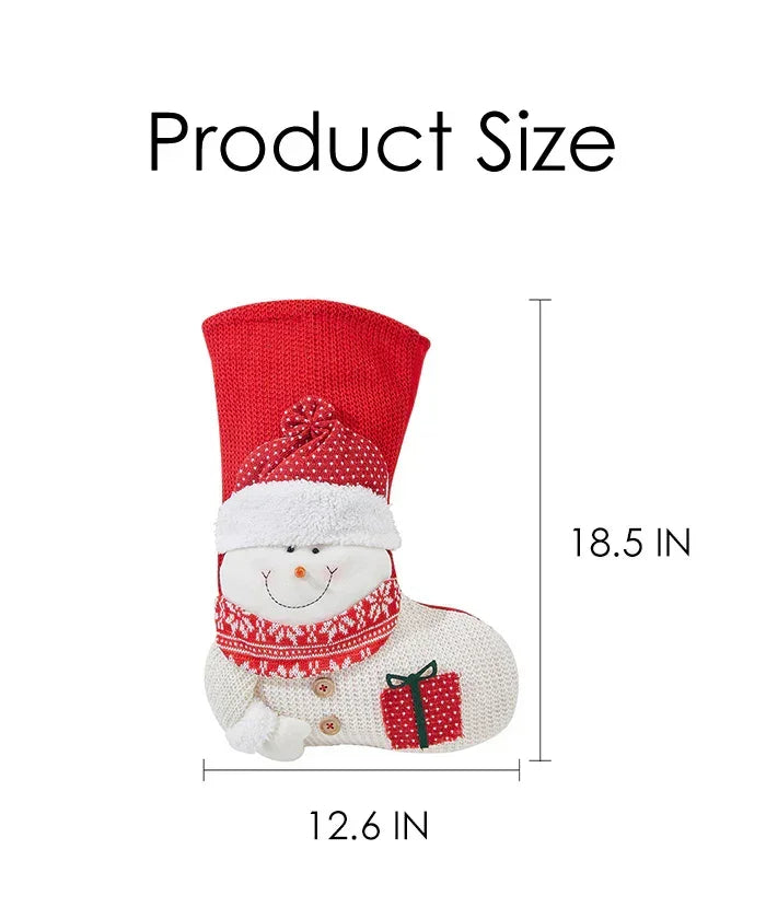 2 Pcs Large Size Christmas Stockings For Gift featuring a smiling snowman and festive red design measuring 18.5 by 12.6 inches