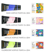 Premium Acrylic Paint Set - 22ml Tubes in blue, pink, orange, and fluorescent green with colorful packaging options.