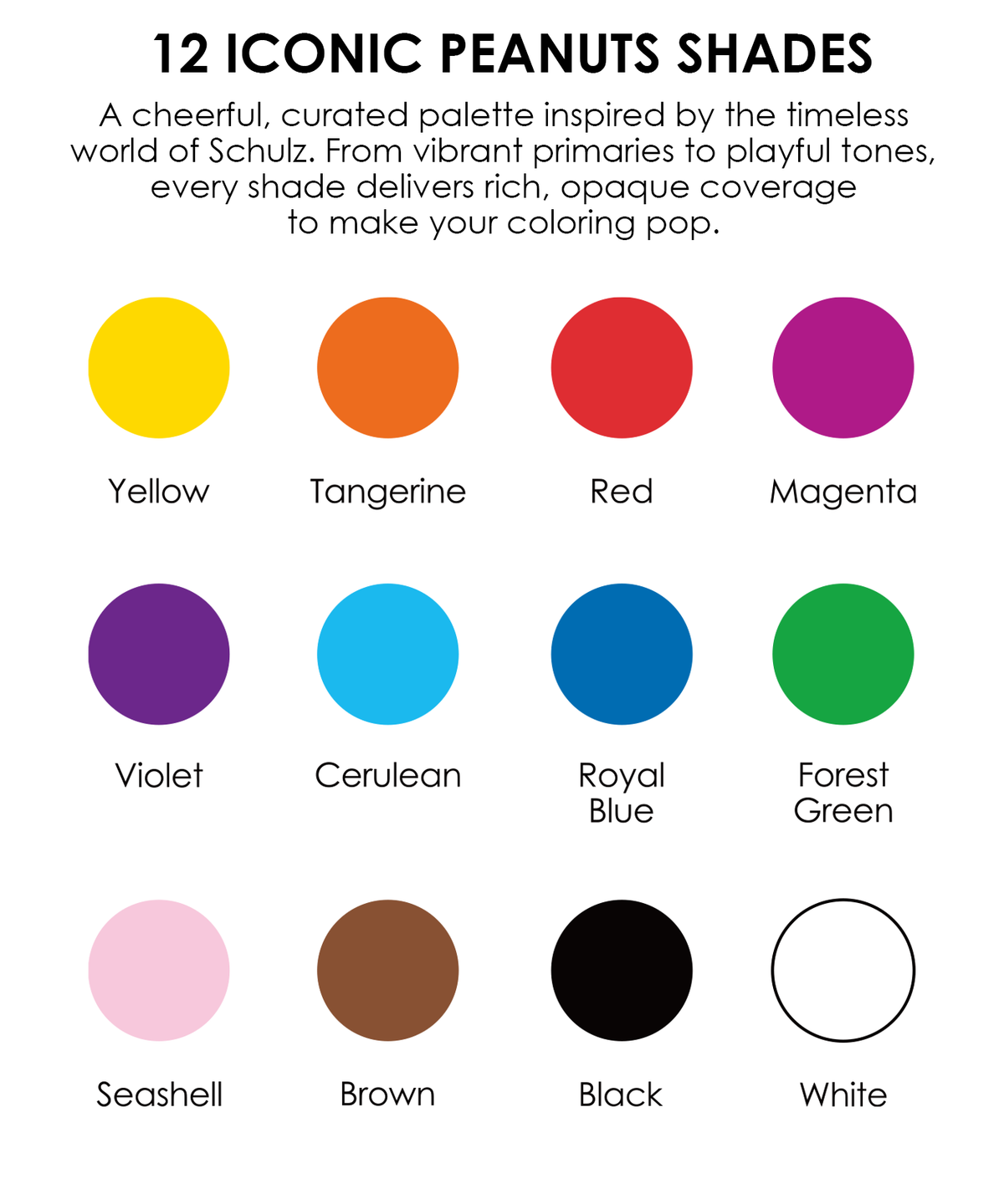 Color chart of 12 iconic Peanuts shades including yellow, red, cerulean blue, and forest green