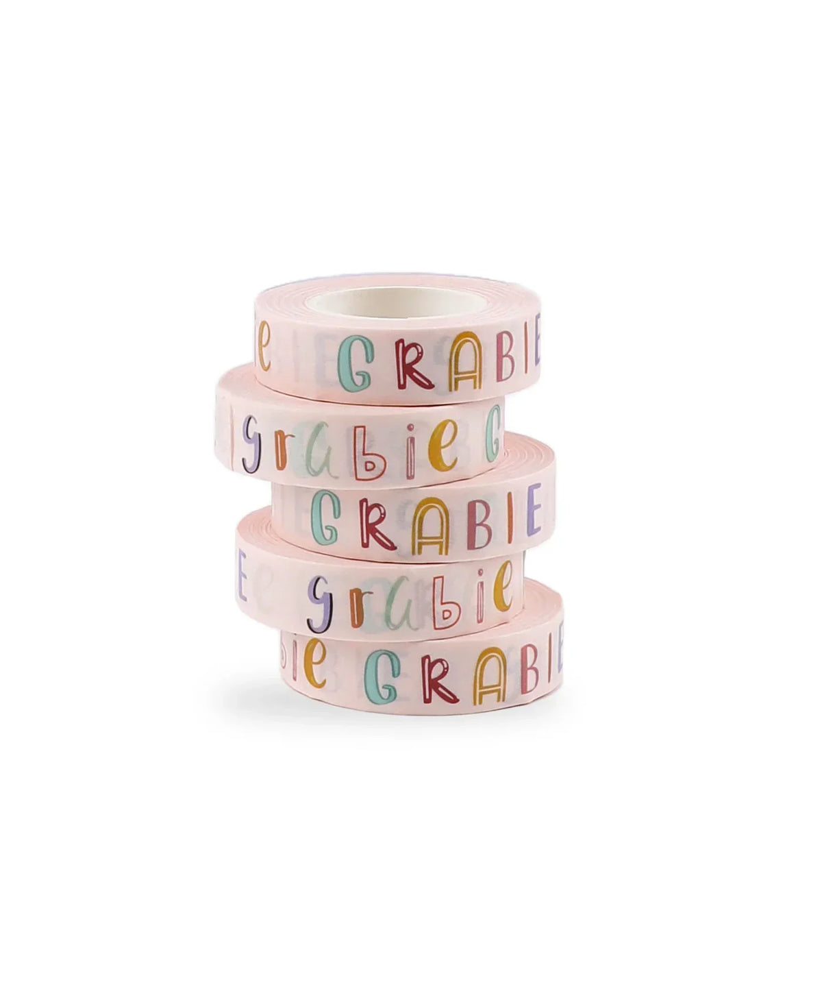 Stack of five Grabie Waterproof Painter's Tape Set Of 5 rolls with colorful lettering on a white background
