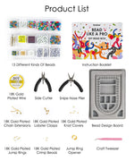 Grabie Bead Box with assorted beads, gold plated wire and clasps, pliers, bead design board, and craft tools for jewelry making