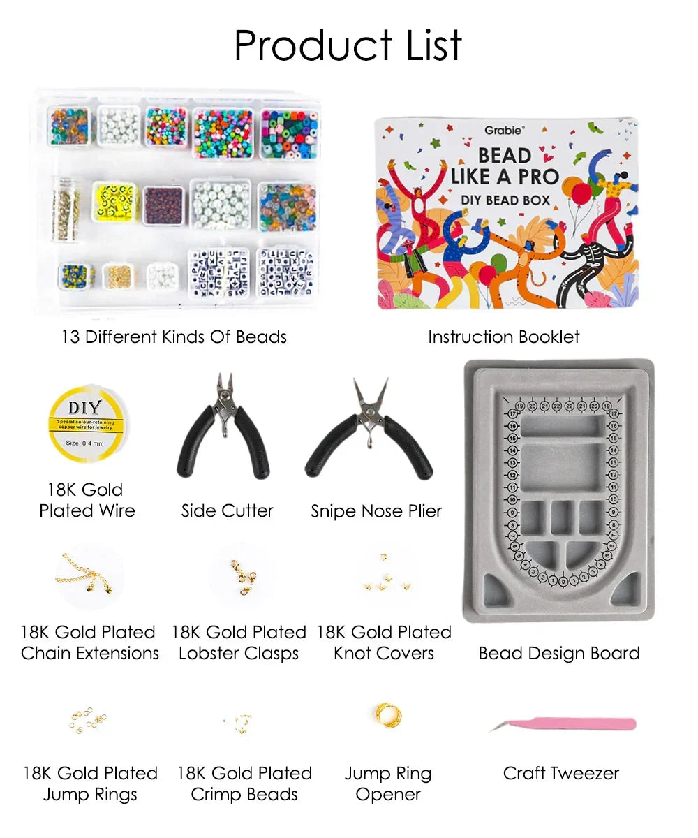 Grabie Bead Box with assorted beads, gold plated wire and clasps, pliers, bead design board, and craft tools for jewelry making