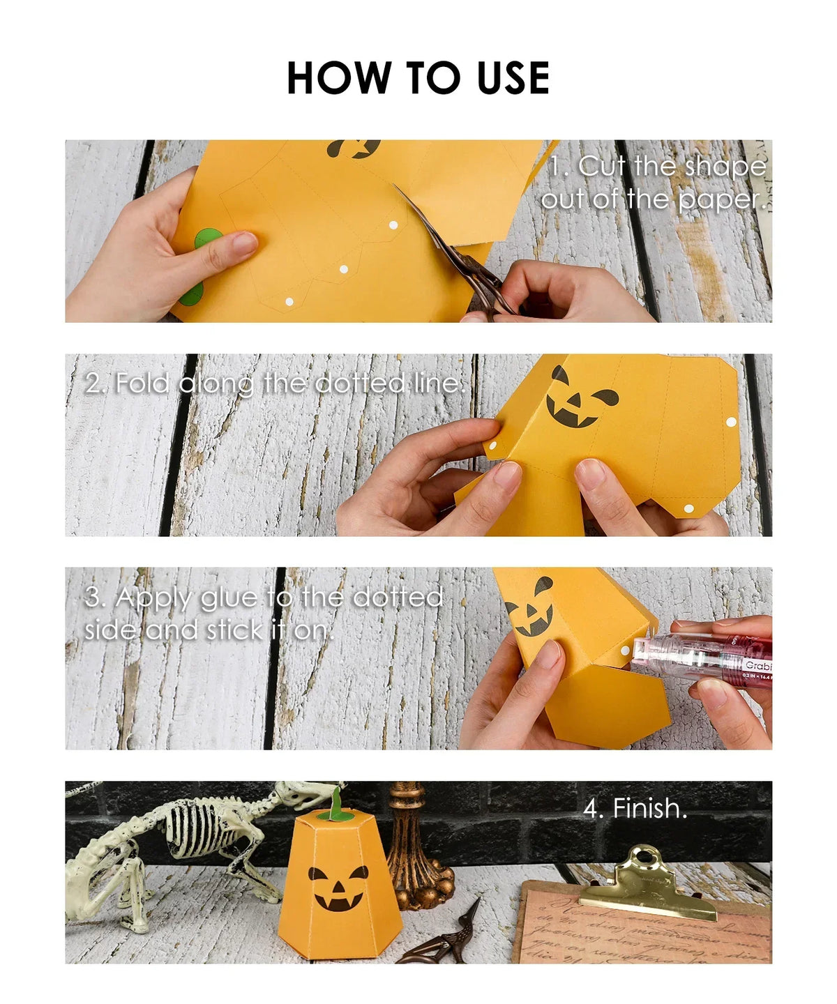 Step-by-step Halloween paper craft demonstration using 3 Sheets Grabie Exclusive Halloween DIY Kit with pumpkin design.