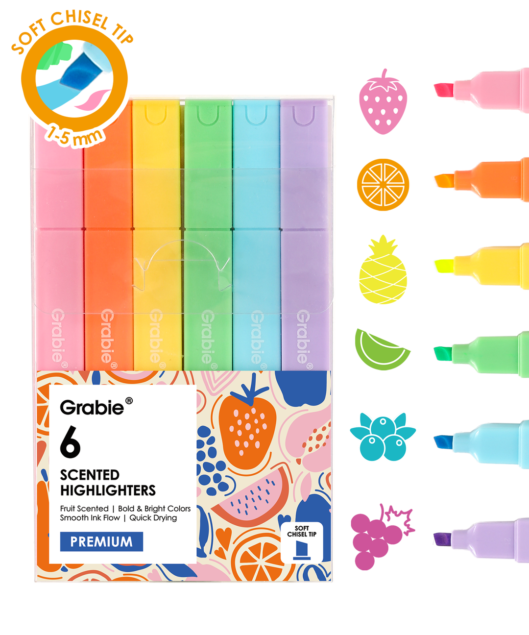 Fruit Scented Highlighter Set of 6 in pastel colors with soft chisel tips, each highlighting marker paired with fruit icons representing their scents.