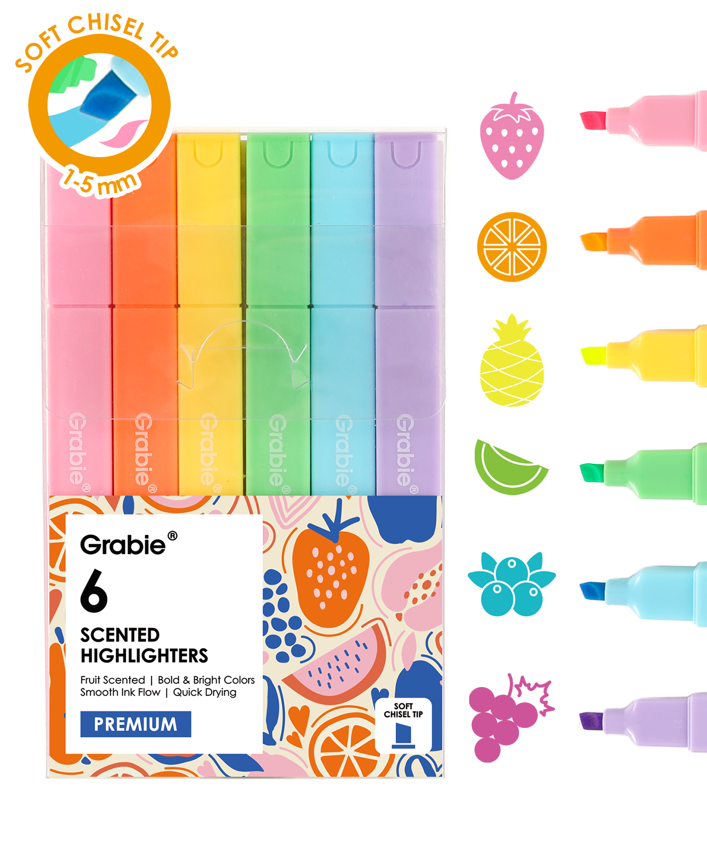 Fruit Scented Highlighter Set of 6 in pastel colors with soft chisel tips, each highlighting marker paired with fruit icons representing their scents.