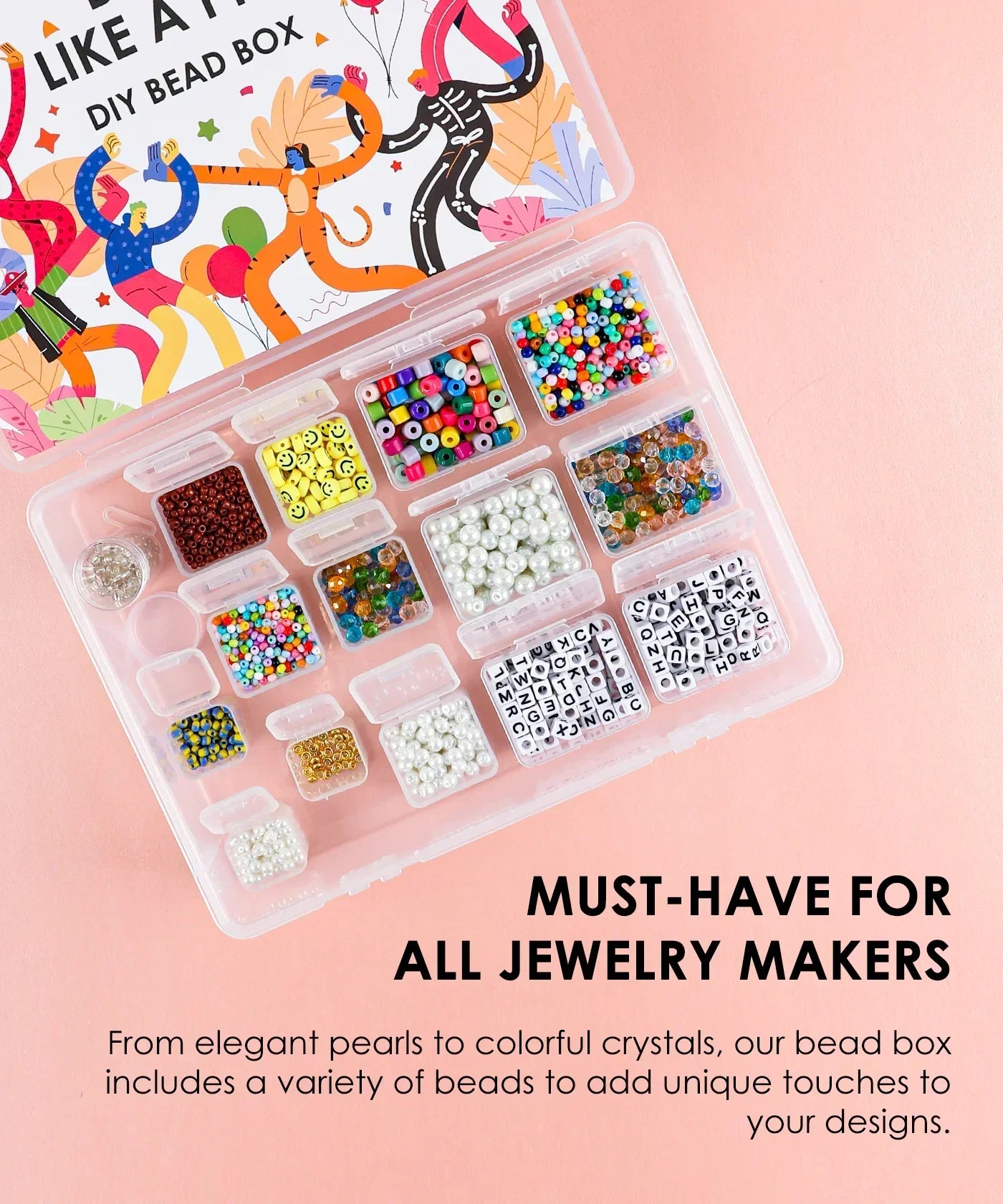 Clear plastic organizer filled with colorful beads and letter beads for crafting in the Grabie Bead Box