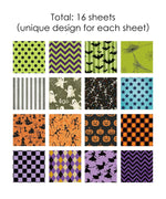 16 Sheets Grabie Exclusive Halloween Party Paper Set featuring 16 unique spooky and festive patterns for crafts and scrapbooks
