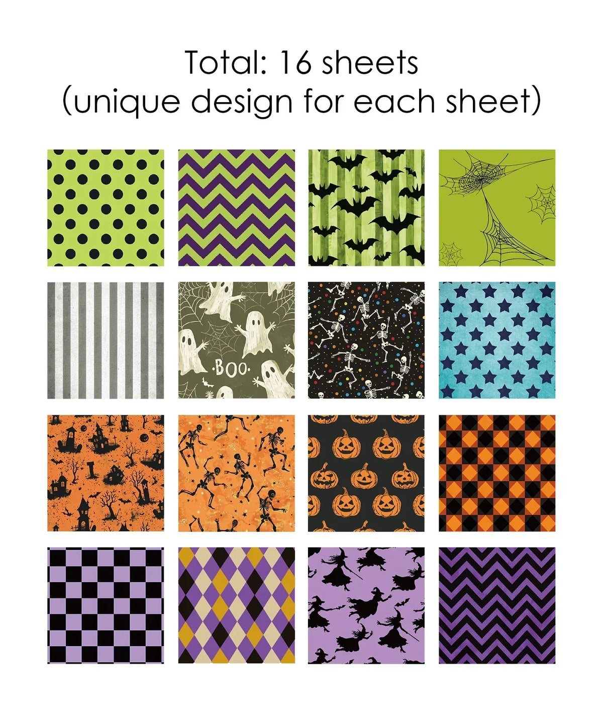 16 Sheets Grabie Exclusive Halloween Party Paper Set featuring 16 unique spooky and festive patterns for crafts and scrapbooks