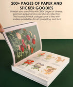 The Botanical Muse-Themed Grabie Scrapbook Club Box showing open pages with floral and botanical illustrations for art and journaling.