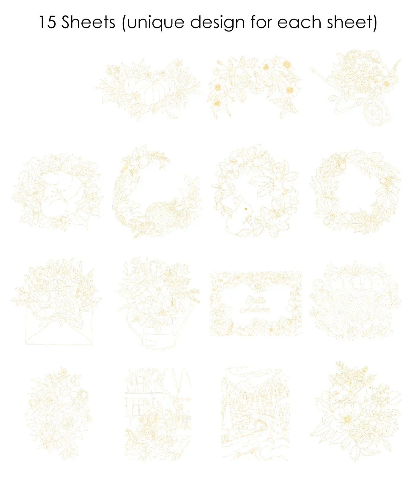 Overview of 15 Sheets 140LB Autumn-Themed Watercolor Coloring Book showing unique light beige fall designs for each sheet